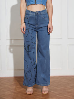 Miss Chase - Womens Blue Wide Leg High Rise Hand Painted Stretchable Denim Jeans