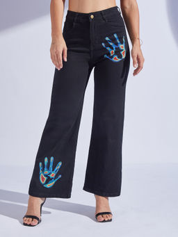 Miss Chase - Womens Black Wide Leg High Rise Hand Painted Stretchable Denim Jeans