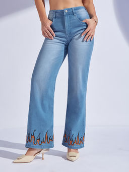 Miss Chase - Womens Light Blue Straight Fit Hand Painted Stretchable Denim Jeans