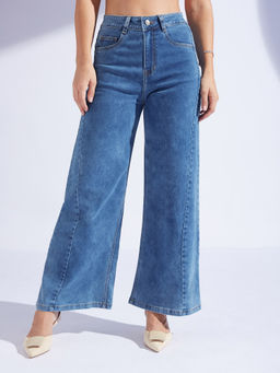 Miss Chase - Womens Mid Blue Wide Leg High Rise Curved Panel Stretchable Denim Jeans