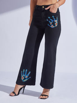 Miss Chase - Womens Black Wide Leg High Rise Hand Painted Stretchable Denim Jeans