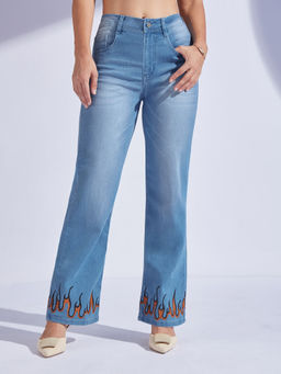 Miss Chase - Womens Light Blue Straight Fit Hand Painted Stretchable Denim Jeans