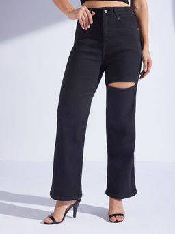 Miss Chase - Womens Black Straight-Fit High Rise Clean Look Stretchable Denim Jeans