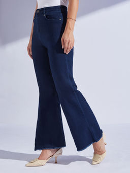 Miss Chase - Womens Navy Blue Bootcut High Rise Regular-Length Stretchable Denim Jeans