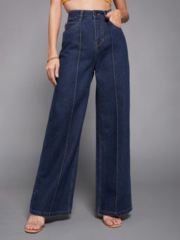 Miss Chase - Womens Navy Blue Wide-Leg High-Rise Non-Stretchable Denim Jeans