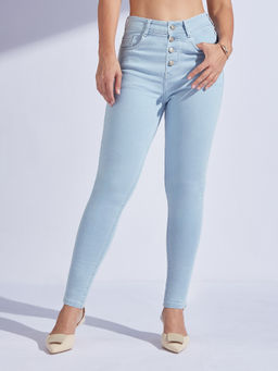 Miss Chase - Womens Light Blue Skinny High Rise Distressed Regular Length Denim Jeans