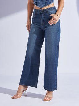Miss Chase - Womens Blue Wide-Leg High-Rise Clean Look Denim Jeans