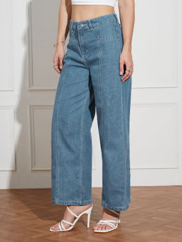 Miss Chase - Womens Blue Wide-Leg High-Rise Clean-Look Regular-Length Denim Jeans