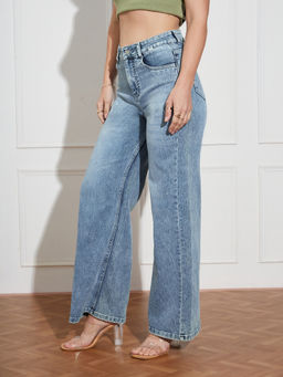 Miss Chase - Womens Light Blue Regular-Length Stretchable Denim Wide Leg Shaping Jeans