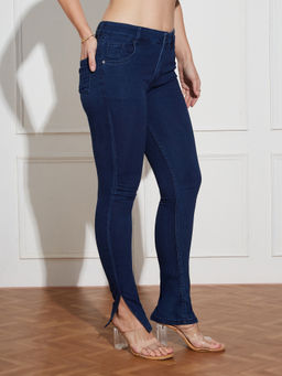 Miss Chase - Womens Navy Blue Skinny Fit Mid Rise Cropped Length Side Slit Denim Jeans