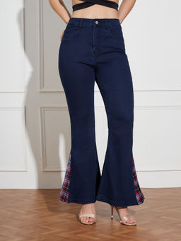 Miss Chase - Womens Navy Blue High Rise Clean Look Stretchable Denim Bootcut Jeans