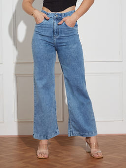 Miss Chase - Womens Light Blue Wide-Leg High Rise Regular Stretchable Denim Jeans