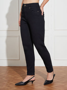 Miss Chase - Womens Black High Rise Regular-Length Stretchable Denim Moms Jeans