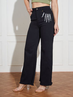 Miss Chase - Womens Black Wide Leg High Rise Hand Painted Stretchable Denim Jeans