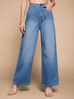 Miss Chase - Womens Light Blue Wide-Leg Regular-Length Non-Stretchable Denim Jeans
