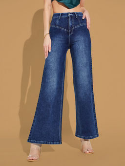 Miss Chase - Womens Blue High Rise Regular-Length Stretchable Denim Flared-Leg Jeans