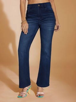 Miss Chase - Womens Navy Blue Wide Leg Mid Rise Regular Stretchable Denim Jeans