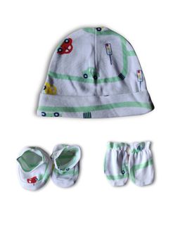 The Mom Store - White Mittens, Booties and Cap City Drive (Set of 3) (0-3 Months)