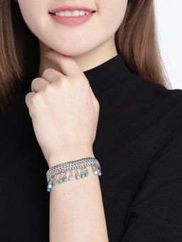 RICHEERA - Blue Silver-Plated Turquoise Beaded Bracelet