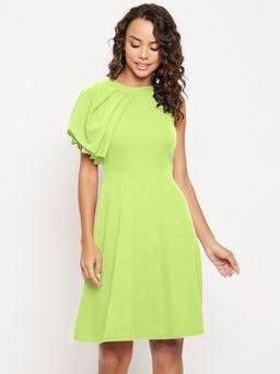 Uptownie - Womens Stretchable Round Neck Solid Fit & Flare Skater Dress Green