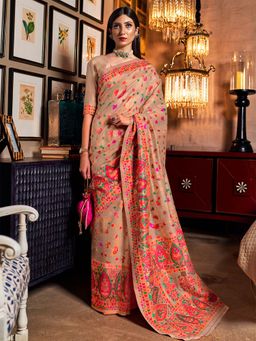 Odette - Women Pure Silk Peach Woven Design Saree with Unstitched Blouse