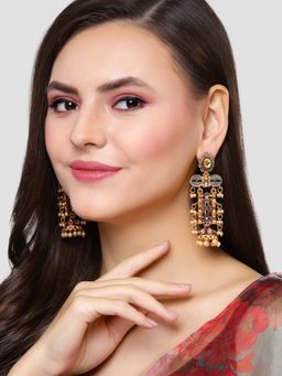 Karatcart - Antique Gold Plated Maroon Kundan Drop Earrings for Women