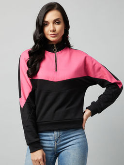 Carlton London - Women Casual Pink Colourblocked Mock Collared Regular Sweatshirt