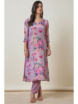 Soch - Womens Purple Botanical Print Tissue Kurta with Pant (Set of 2)