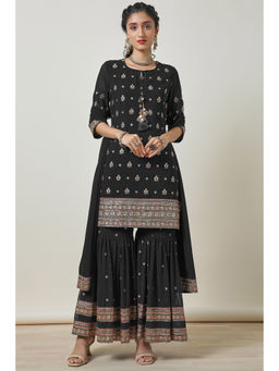 Soch - Womens Black Embellished Georgette Kurta Sharara with Dupatta (Set of 3)