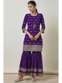 Soch - Womens Purple Embellished Georgette Kurta Sharara with Dupatta (Set of 3)