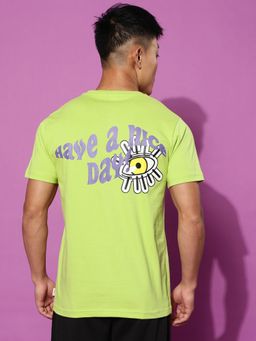 VEIRDO - Men Printed, Typographic Print Round Neck Pure Cotton Green T-Shirt