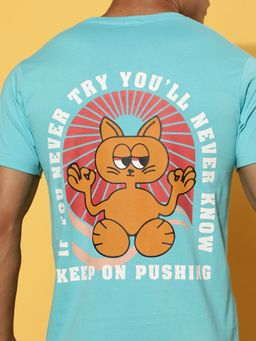 VEIRDO - Men Printed, Graphic Print Round Neck Pure Cotton Blue T-Shirt