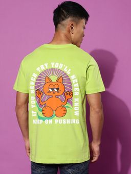 VEIRDO - Men Printed, Graphic Print Round Neck Pure Cotton Green T-Shirt