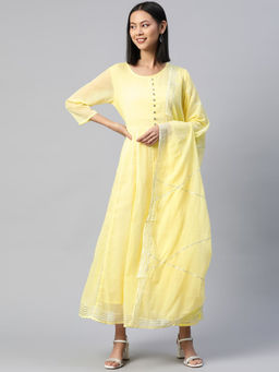 Readiprint - Yellow Cotton Anarkali & Gota Work Dupatta (Set of 2)