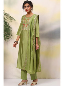 Biba - Green Cotton Unstitched Suit (Set of 3)