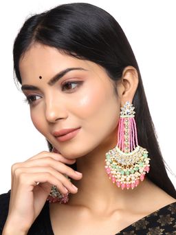 Yellow Chimes - Pink and Gold-Toned Kundan Studded Contemporary Chandbalis Earrings