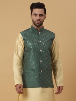 Kraft India - Mens Cotton Silk Sequenced Embroidered Green Nehru Jacket