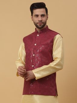Kraft India - Mens Cotton Silk Sequenced Embroidered Wine Nehru Jacket
