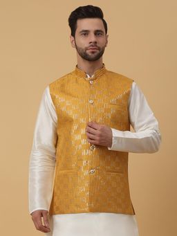Kraft India - Mens Cotton Silk Sequenced Embroidered Yellow Nehru Jacket