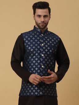 Kraft India - Mens Cotton Silk Sequenced Embroidered Floral Blue Nehru Jacket