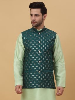 Kraft India - Mens Cotton Silk Sequenced Embroidered Floral Green Nehru Jacket