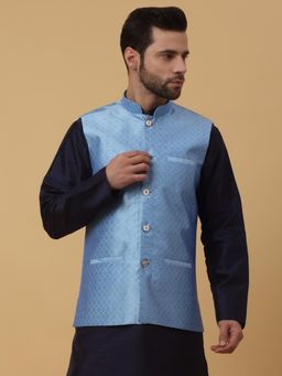 Kraft India - Mens Silk Blend Geometric Jacquard Blue Nehru Jacket