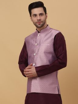 Kraft India - Mens Silk Blend Geometric Jacquard Pink Nehru Jacket