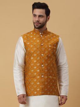 Kraft India - Mens Silk Blend Jacquard Gold Print Yellow Nehru Jacket