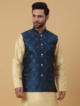 Kraft India - Mens Silk Blend Jacquard Sequenced Blue Nehru Jacket