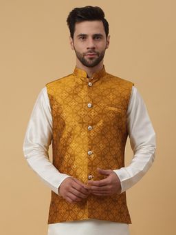 Kraft India - Mens Silk Blend Jacquard Sequenced Yellow Nehru Jacket