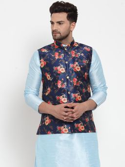 Kraft India - Mens Blue Art Silk Printed Nehru Jacket