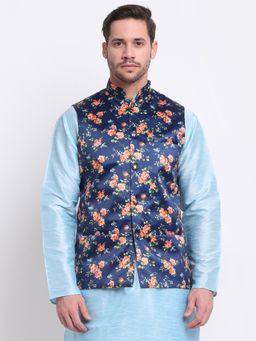 Kraft India - Mens Blue Satin Floral Nehru Jacket