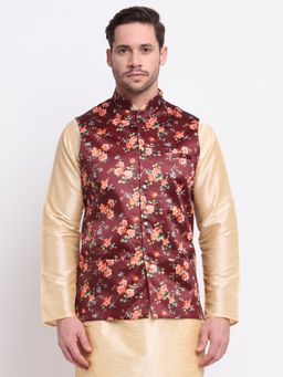Kraft India - Mens Maroon Satin Floral Nehru Jacket