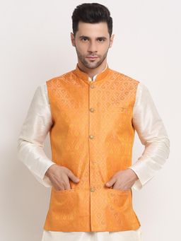 Kraft India - Mens Peach Jacquard Woven Design Nehru Jacket